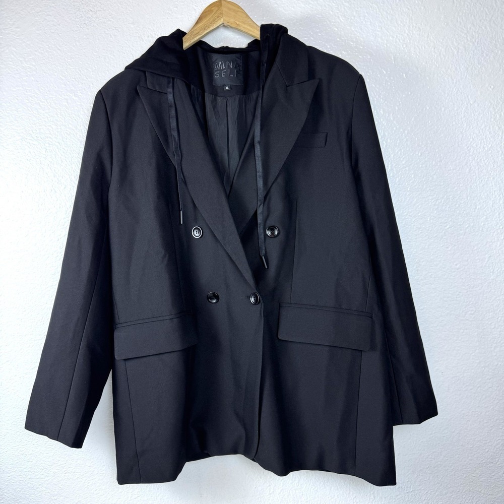 Mina Self Hooded Double Breasted Blazer Jacket Womens XL Detachable Hood Coat